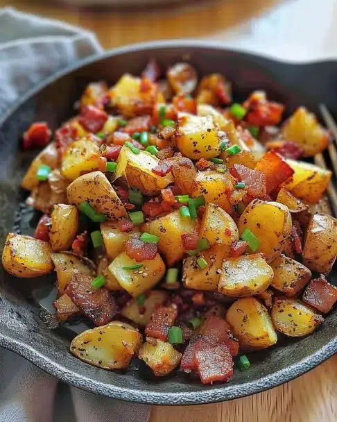 Pommes de terre croustillantes servies au petit-déjeuner dans une assiette.
