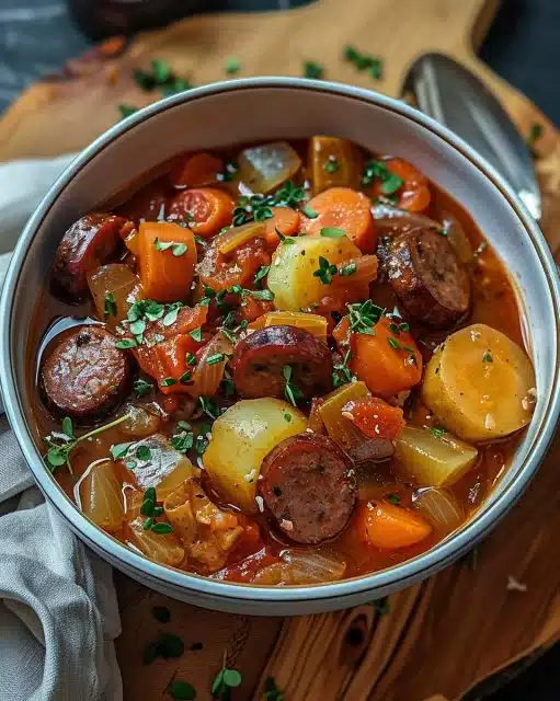Potée aux saucisses et légumes servie dans un bol de cuisine