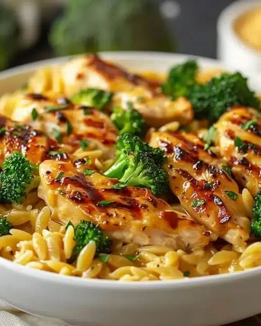 Poulet Brocoli Orzo au Cheddar dans un plat coloré et appétissant
