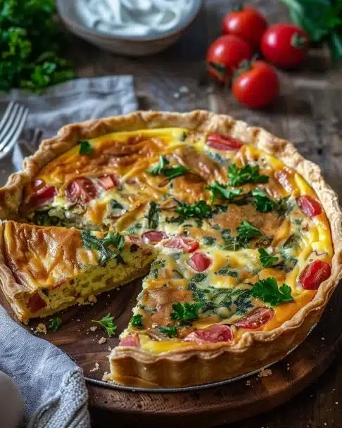 Une délicieuse quiche savoureuse garnie d'ingrédients frais.