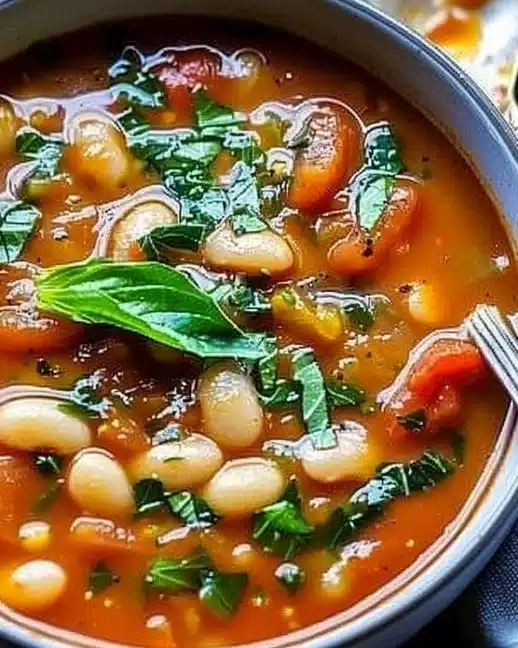 Ragoût crémeux de tomates et de haricots blancs prêt à être servi