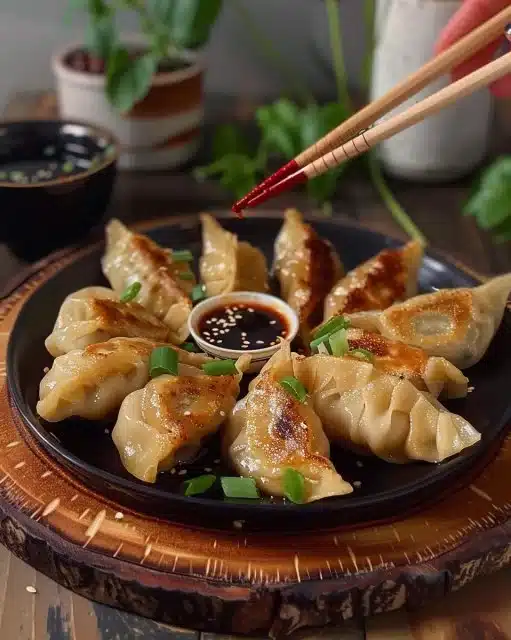 Assiette de raviolis de poulet croustillants garnis de sauce