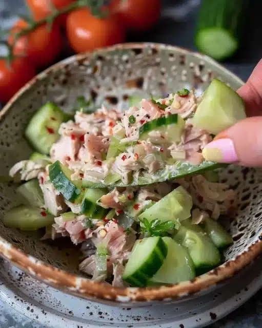 Salade de concombre au thon garnie de légumes frais