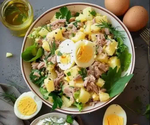 Salade de pommes de terre au thon et aux œufs frais garnie de légumes