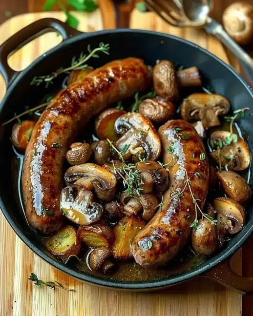 Saucisses, champignons et pommes de terre rôtis au four, délicieux plat réconfortant.
