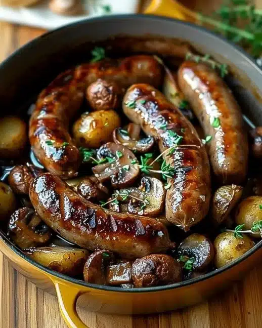 Saucisses, champignons et pommes de terre cuits au four sur une plaque de cuisson.