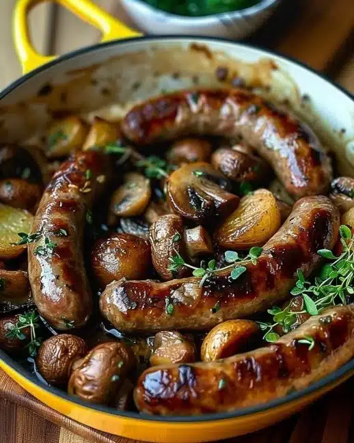 Plat de saucisses, champignons et pommes de terre cuit au four