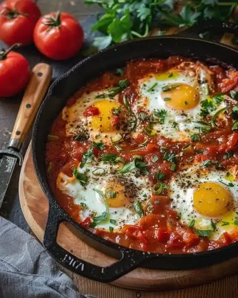 Assiette de shakshuka classique avec des œufs et des tomates mijotés