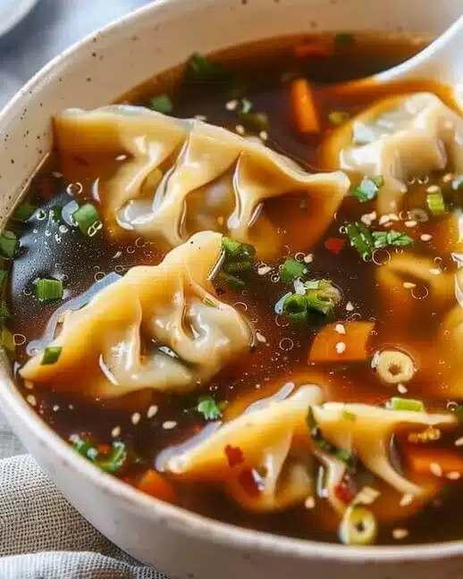 Soupe de potstickers servie dans un bol, garnie de légumes frais