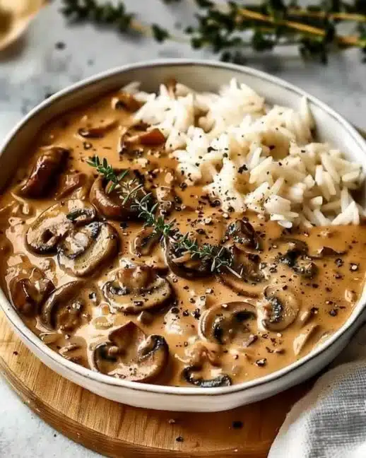 Assiette de Stroganoff aux champignons garnie de persil frais