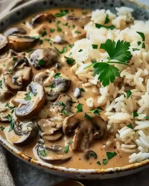 Stroganoff de Champignons accompagné de riz complet sur une assiette