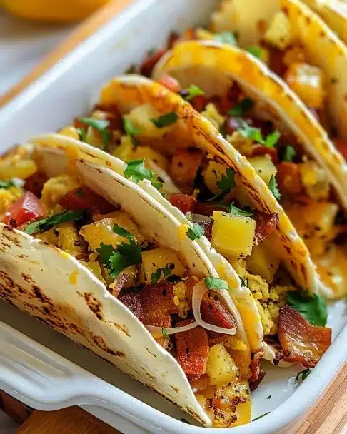 Tacos au four pour le petit déjeuner, garnis et dorés à la perfection.
