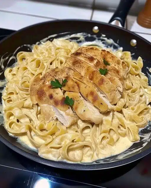 Tagliatelles crémeuses au poulet servies dans un bol avec herbes fraîches