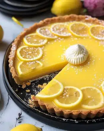 Une délicieuse Tarte au Citron garnie de crème onctueuse et de zestes de citron.