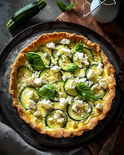 Tarte Courgette Feta fraîchement cuite, prête à être dégustée