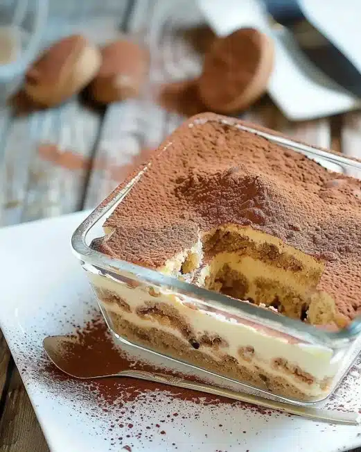 Tiramisu traditionnel italien servi dans une assiette, décoré de cacao