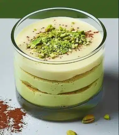 Tiramisu à la pistache, dessert italien savoureux et crémeux.