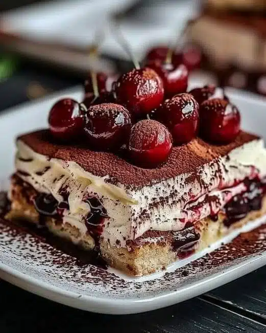 Tiramisu aux cerises, un dessert italien crémeux et fruité