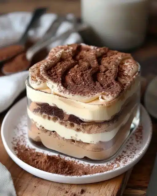Tiramisu gourmand aux couches de mascarpone et cacao sur un fond de café