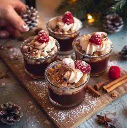 Verrines sucrées de Noël avec des ingrédients festifs et colorés.