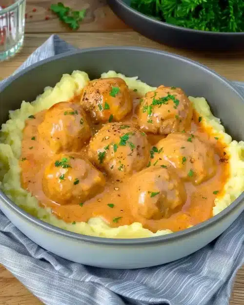 Boulettes de viande avec sauce crémeuse et purée de pommes de terre
