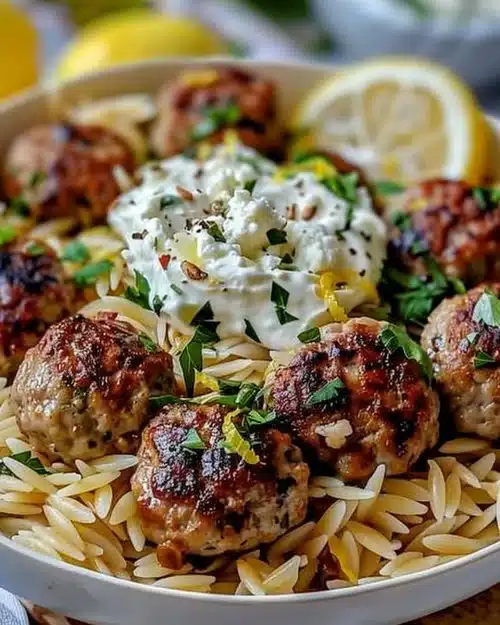Boulettes grecques avec orzo citronné et crème de feta, plat appétissant