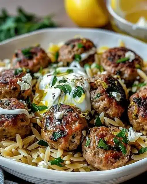 Boulettes grecques accompagnées d'orzo citronné et de crème de feta