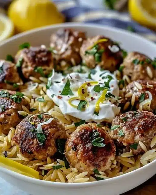Boulettes grecques servies avec orzo citronné et crème de feta sur une assiette.