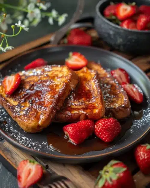 Brioche Perdue OWARI aux Fraises servie avec une garniture de fraises fraîches