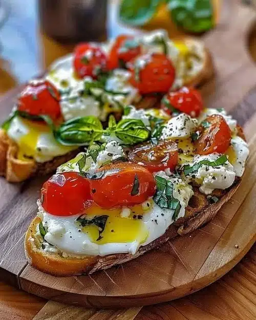 Bruschetta Burrata garnie de tomates fraîches et de basilic sur pain grillé.