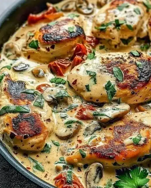 Poulet dans une sauce crémeuse aux tomates séchées, plat savoureux et réconfortant