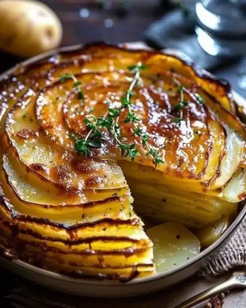 Gratin de pommes de terre croustillant et crémeux, plat savoureux et réconfortant.