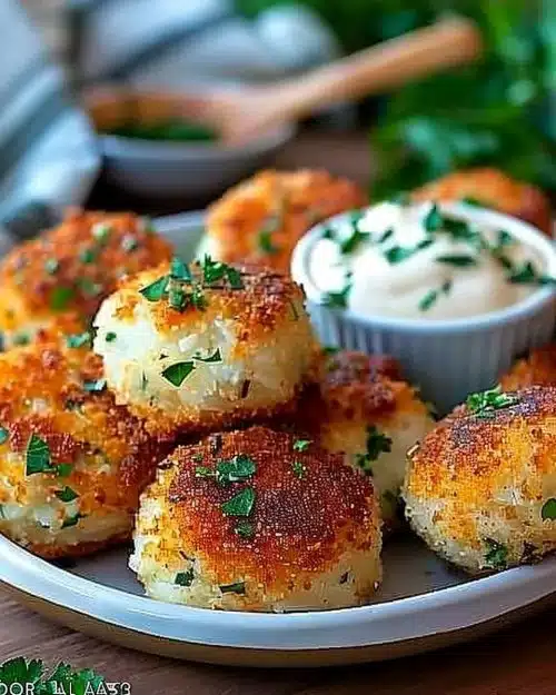 Recette de croquettes de thon aux herbes fraîches servies sur une assiette.