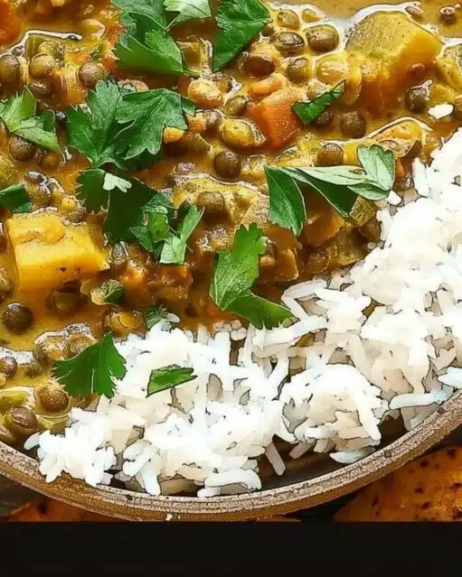 Curry de lentilles vertes au lait de coco servi dans un bol.