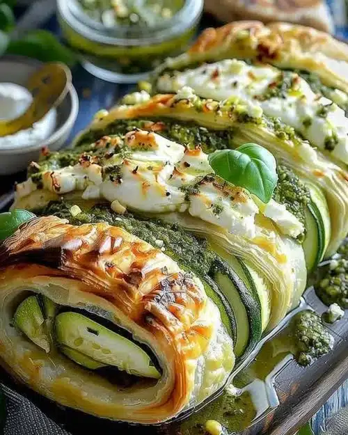 Feuilleté croustillant aux courgettes, pesto et burrata sur une assiette