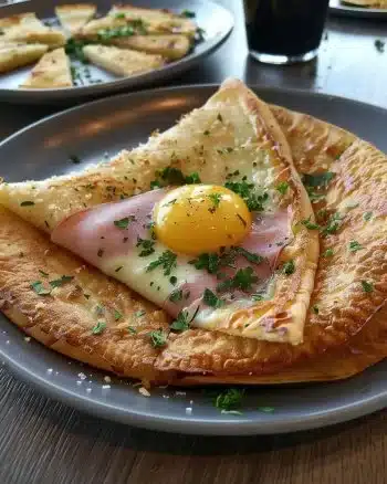 Galette Bretonne Complète garnie de jambon, œuf et fromage sur une assiette.