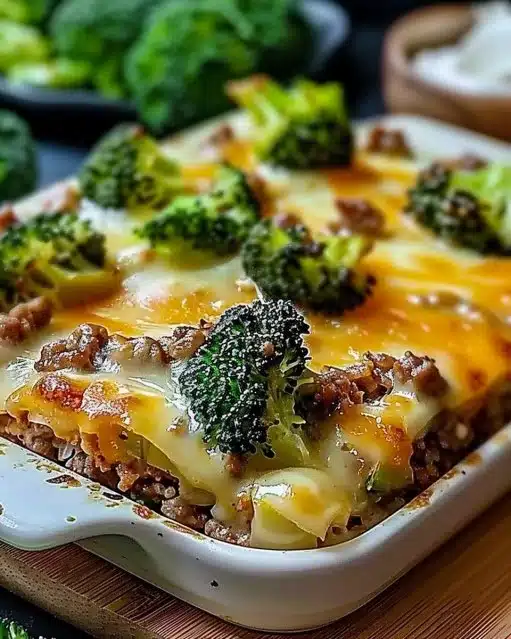 Gratin de Fitness avec brocoli et viande hachée, plat délicieux et sain.