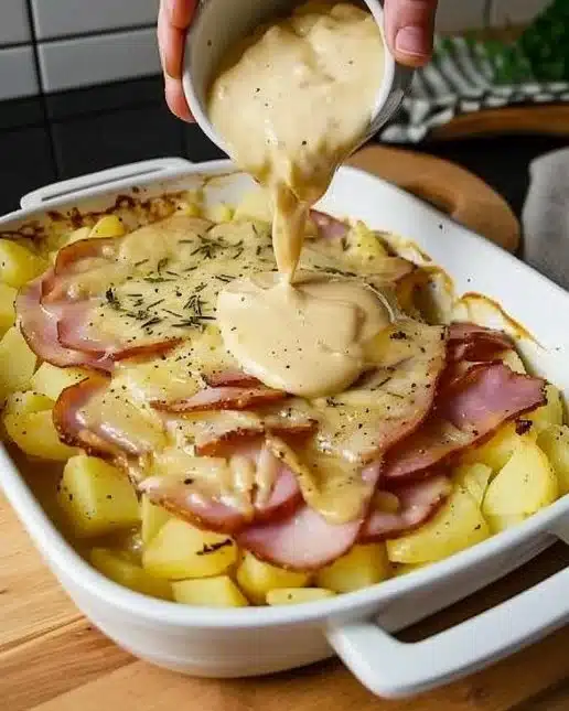 Gratin de pommes de terre au jambon, plat savoureux et crémeux.