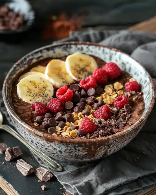 Bol de chocolat sain pour un petit-déjeuner équilibré et nutritif