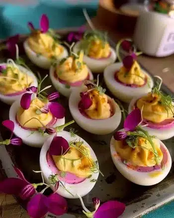 Assiette d'Oeufs Mimosa garnis de jaunes d'œufs et d'herbes fraîches