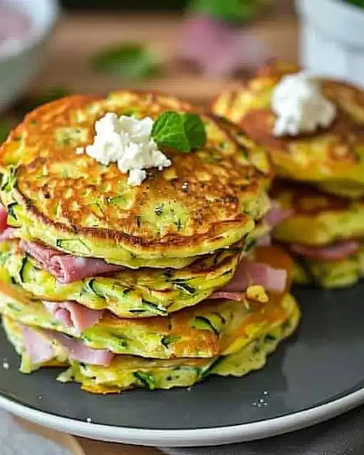 Pancakes à la courgette fourrés avec chèvre et jambon, prêts à déguster.