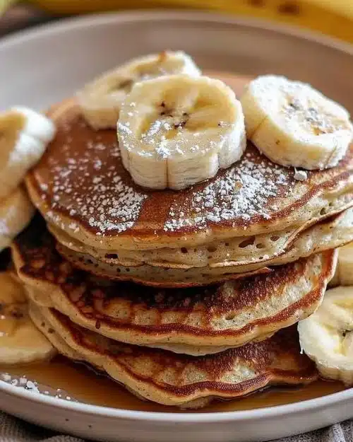 Pancakes aux bananes dorés sur une assiette avec sirop d'érable
