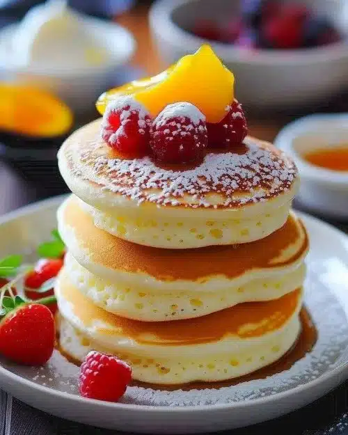 Pancakes japonais moelleux et légers présentés dans une assiette