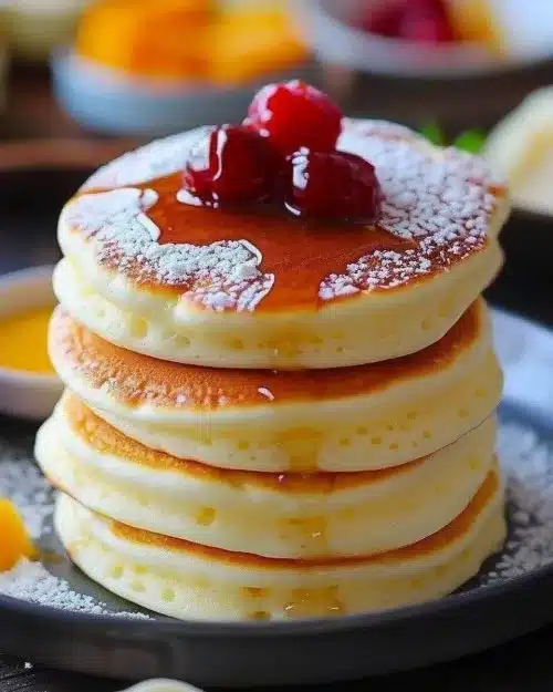 Pancakes soufflés japonais moelleux et légers sur une assiette.