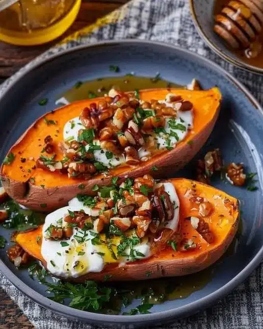 Patate douce rôtie servie avec yaourt, miel et noix pour une recette savoureuse.
