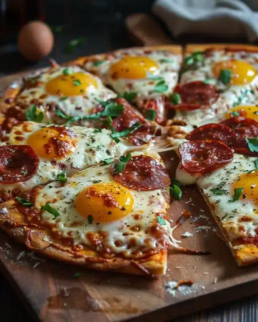 Pizza aux œufs garnie de légumes frais et fromage fondant