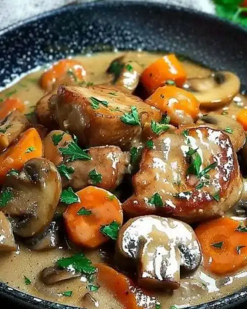 Poêlée de porc crémeuse aux champignons et carottes, plat savoureux et réconfortant.