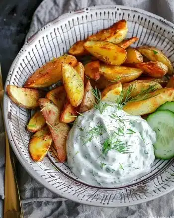 Pommes de Terre Rôties servies avec Sauce au Concombre dans un plat appétissant.