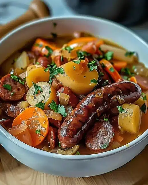 Potée traditionnelle aux saucisses fumées, un plat français savoureux et réconfortant.