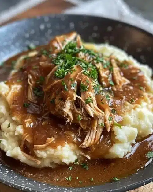 Poulet effiloché en sauce avec purée de pommes de terre, un plat savoureux et réconfortant.
